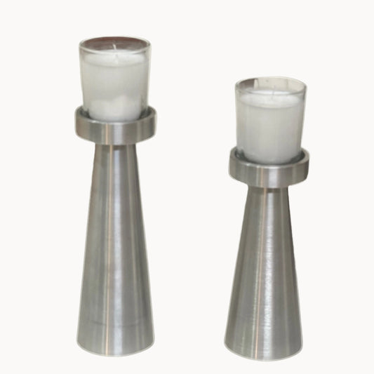 Aluminum Candleholders with White Candles (Set of 2)